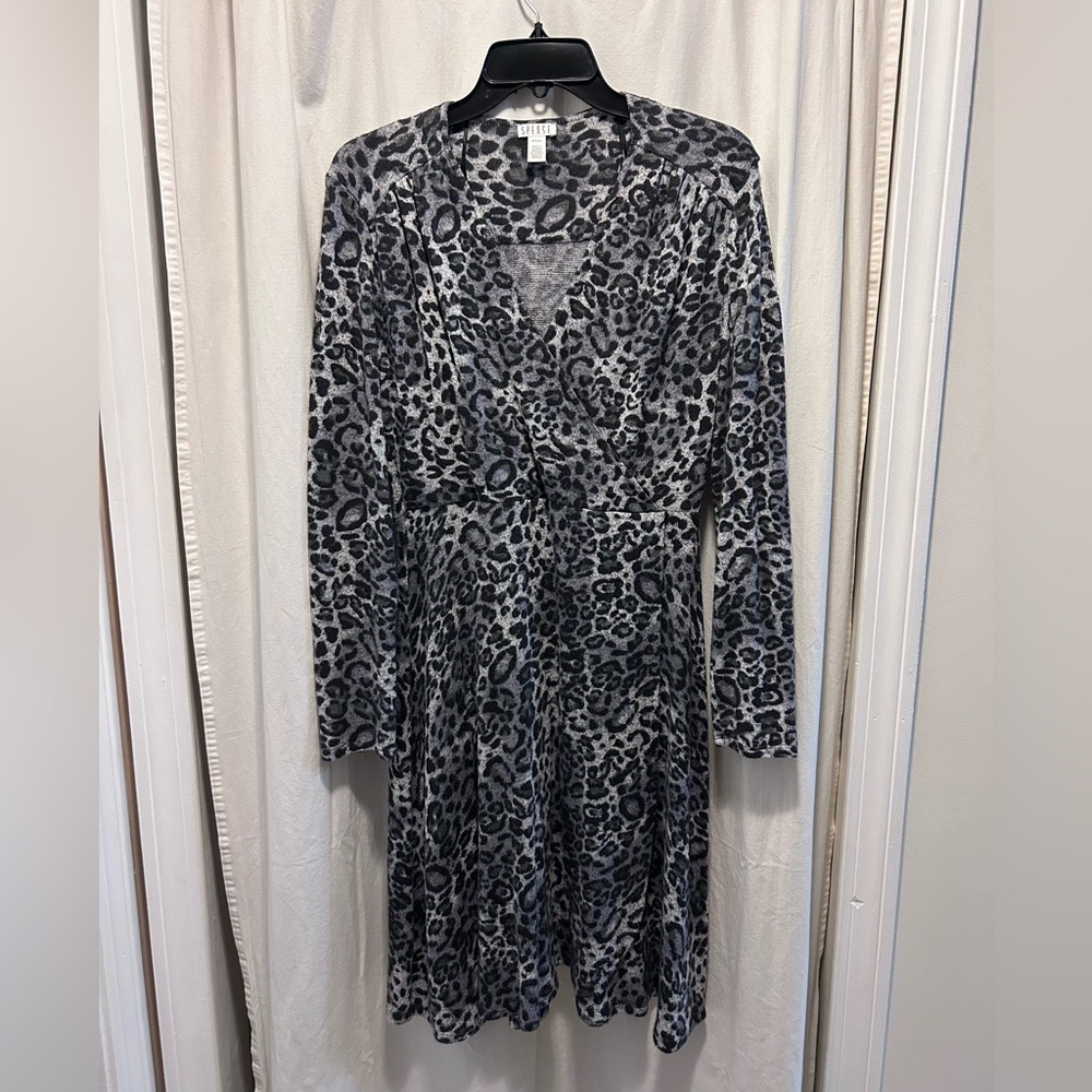 Spence gray leopard faux wrap sweater dress size small
